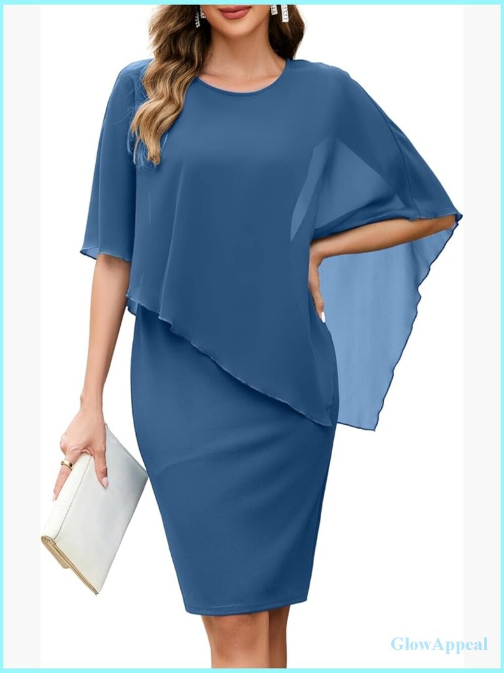 Womens Chiffon Midi Dress Crew Neck Cape Sleeveless Cocktail Party Sheath Dress